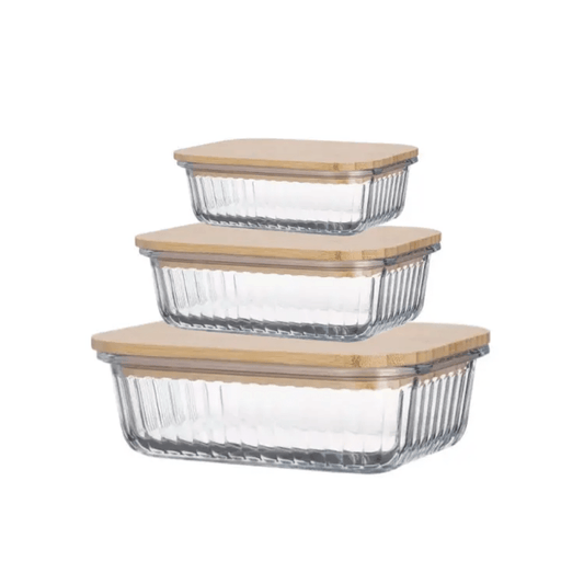 3pcs Ribbed Glass food storage containers with bamboo lids | - Elegant Households KE