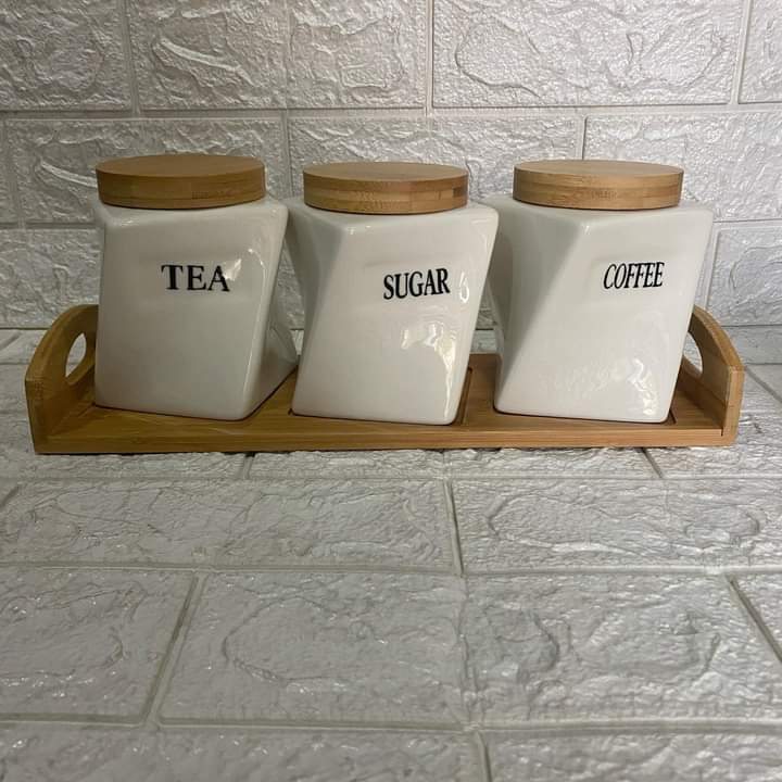 3Pcs Twisted Canisters With A Bamboo Base Stand | - Elegant Households KE