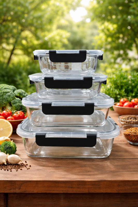 4 - Piece Glass Food Container Set | Airtight, Leakproof Lids | - Elegant Households KE