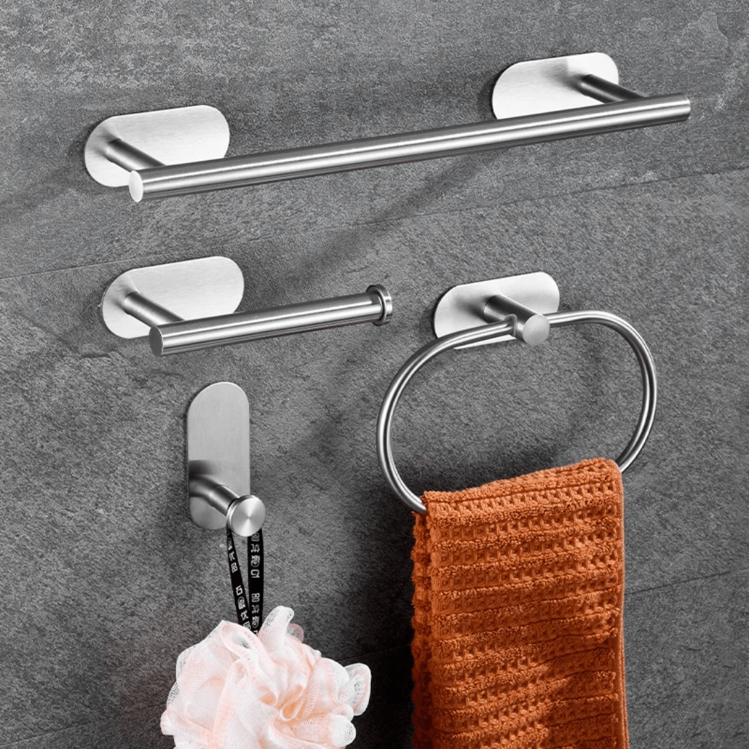 4 - piece Stainless Steel Bathroom Set – Self Adhesive Towel & Hook Organizer | - Elegant Households KE
