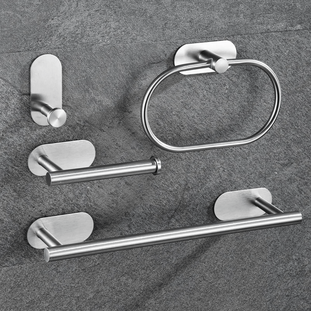 4 - piece Stainless Steel Bathroom Set – Self Adhesive Towel & Hook Organizer | - Elegant Households KE