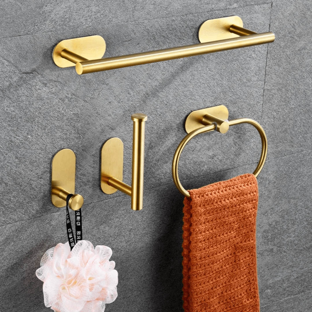 4 - piece Stainless Steel Bathroom Set – Self Adhesive Towel & Hook Organizer | - Elegant Households KE