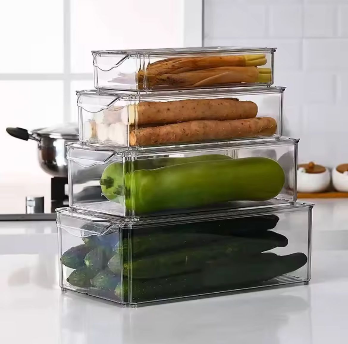 4pcs Big capacity BPA - Free Stackable acrylic Fridge Organizer Bins with Lids | - Elegant Households KE
