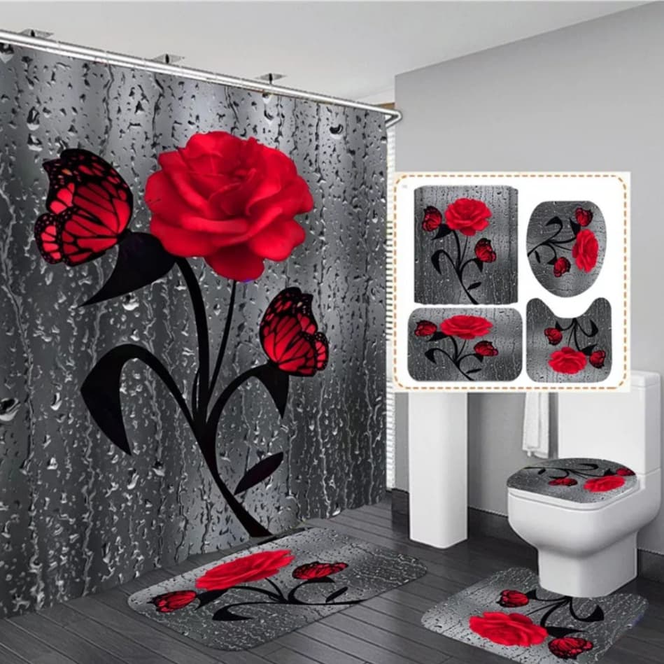4pcs set bathroom shower curtain set | - Elegant Households KE