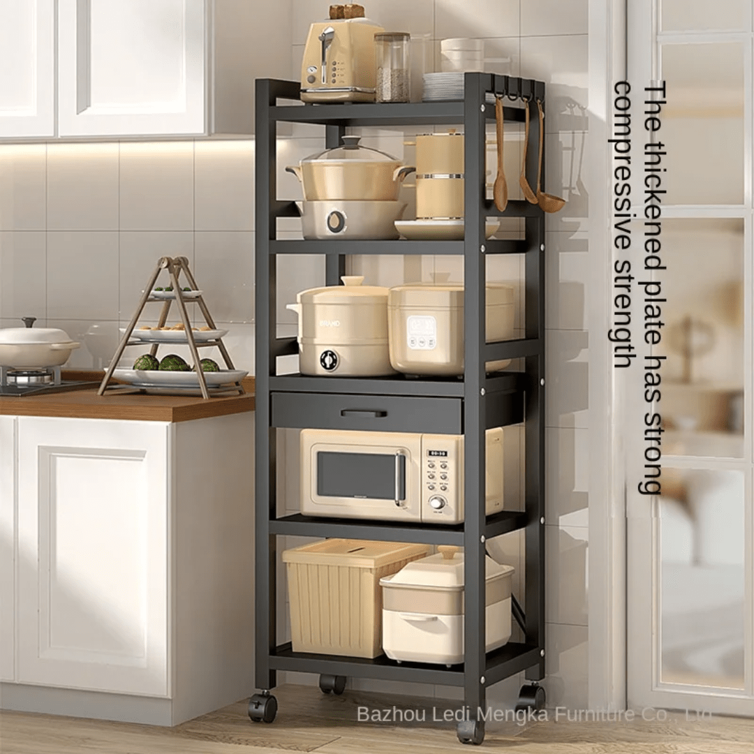 5 Tier Metallic Kitchen Rack with Drawer – Rust Free Storage Cart with Lockable Wheels | - Elegant Households KE