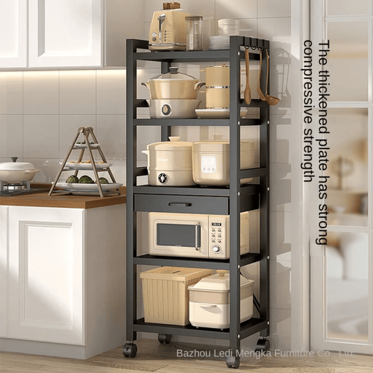 5 Tier Metallic Kitchen Rack with Drawer – Rust Free Storage Cart with Lockable Wheels | - Elegant Households KE