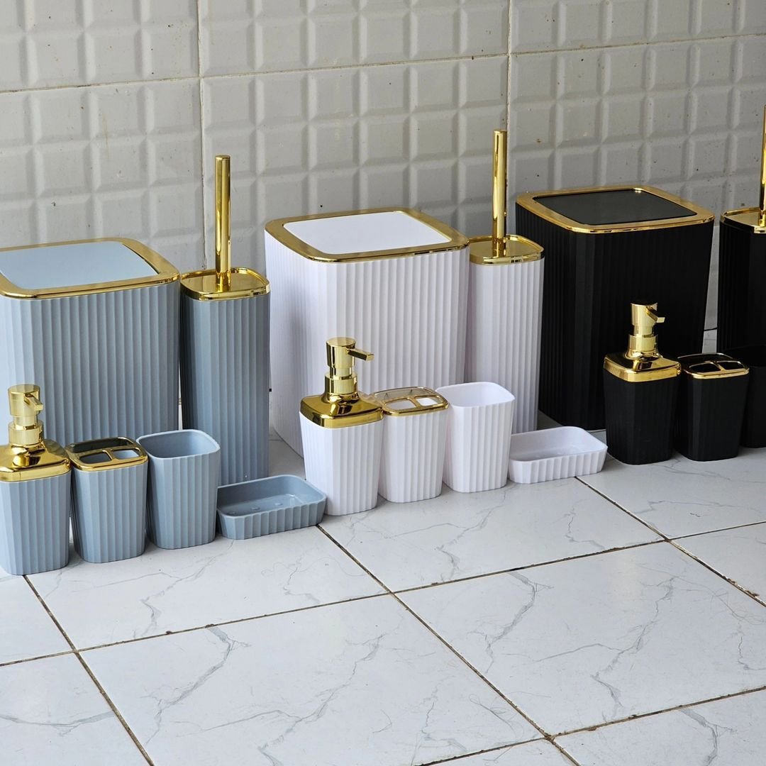 6 in 1 Bathroom Accessories Set with Gold Ring | - Elegant Households KE