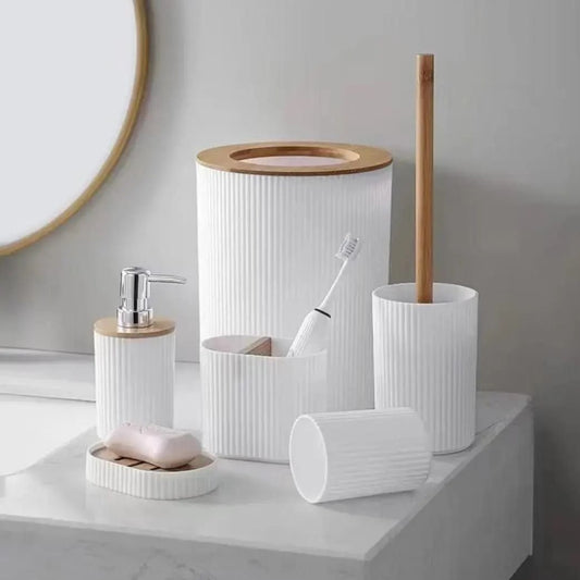 6 in 1 Bathroom Accessories Set with Wooden Ring | - Elegant Households KE