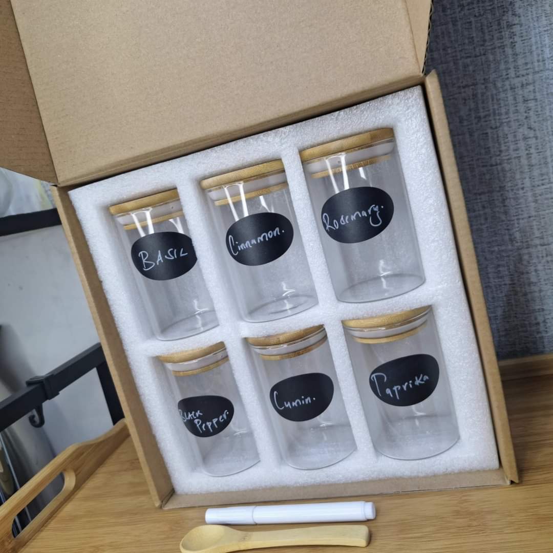 6 - pack Round Glass Jars with Bamboo lid And Spoon | - Elegant Households KE