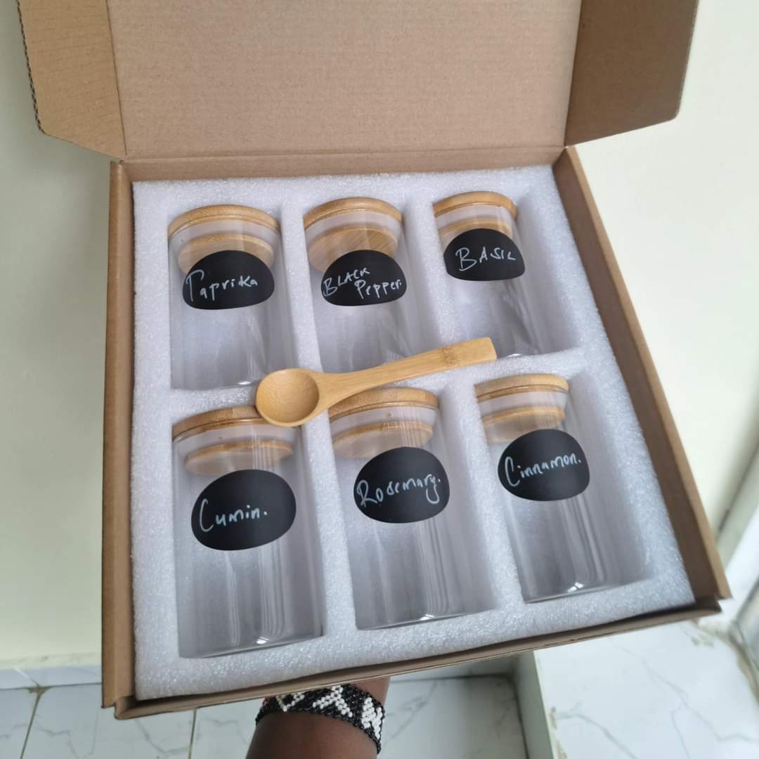 6 - pack Round Glass Jars with Bamboo lid And Spoon | - Elegant Households KE