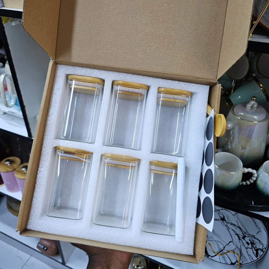 6 - pack Square Glass Jars with Bamboo lid And Spoon | - Elegant Households KE