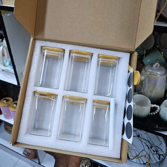 6 - pack Square Glass Jars with Bamboo lid And Spoon | - Elegant Households KE