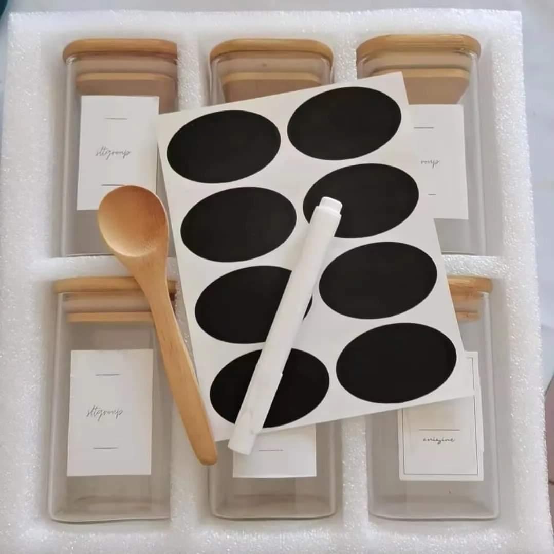 6 - pack Square Glass Jars with Bamboo lid And Spoon | - Elegant Households KE