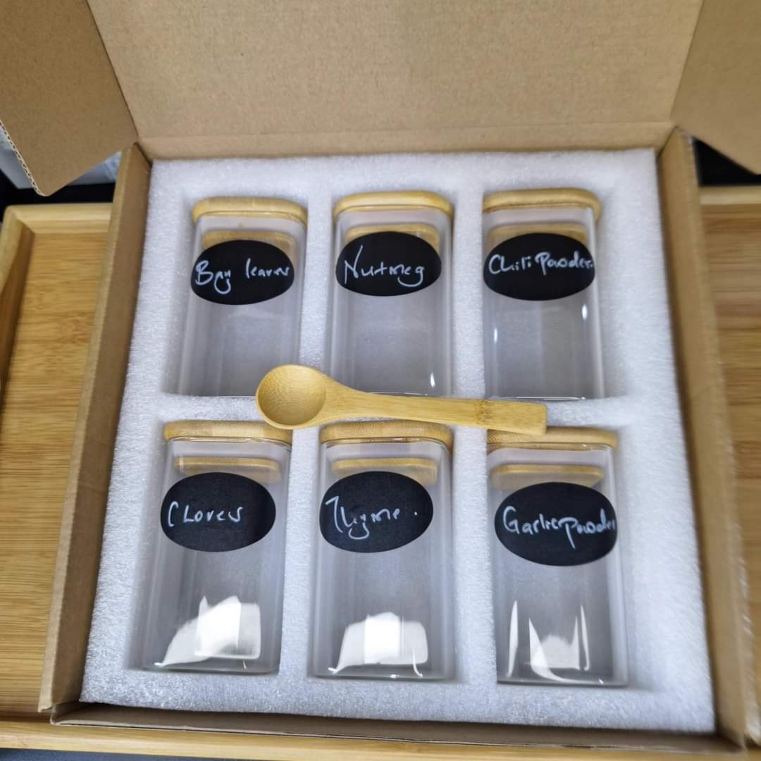 6 - pack Square Glass Jars with Bamboo lid And Spoon | - Elegant Households KE
