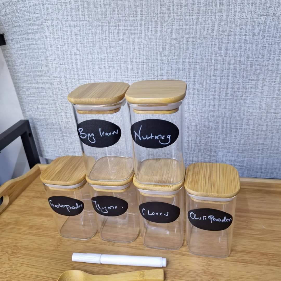 6 - pack Square Glass Jars with Bamboo lid And Spoon | - Elegant Households KE