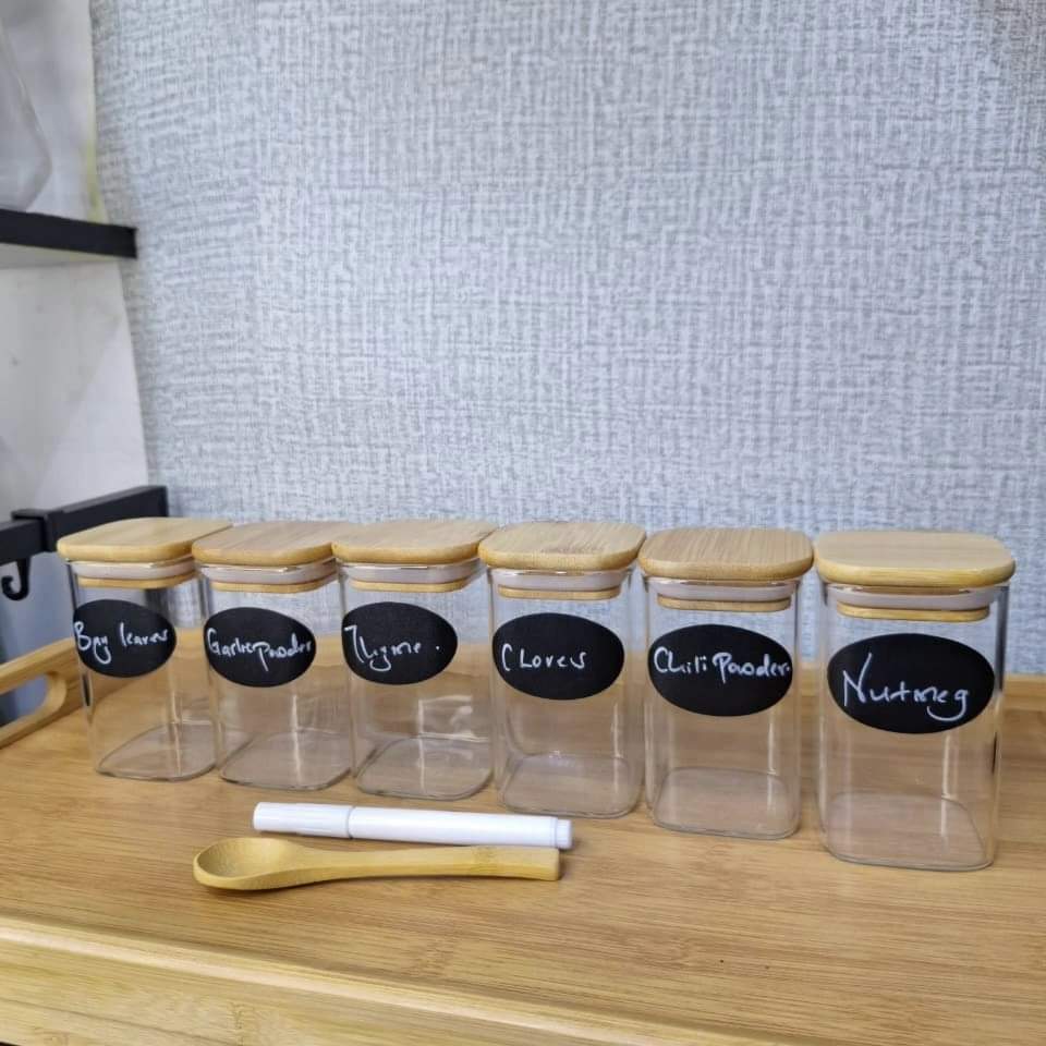 6 - pack Square Glass Jars with Bamboo lid And Spoon | - Elegant Households KE