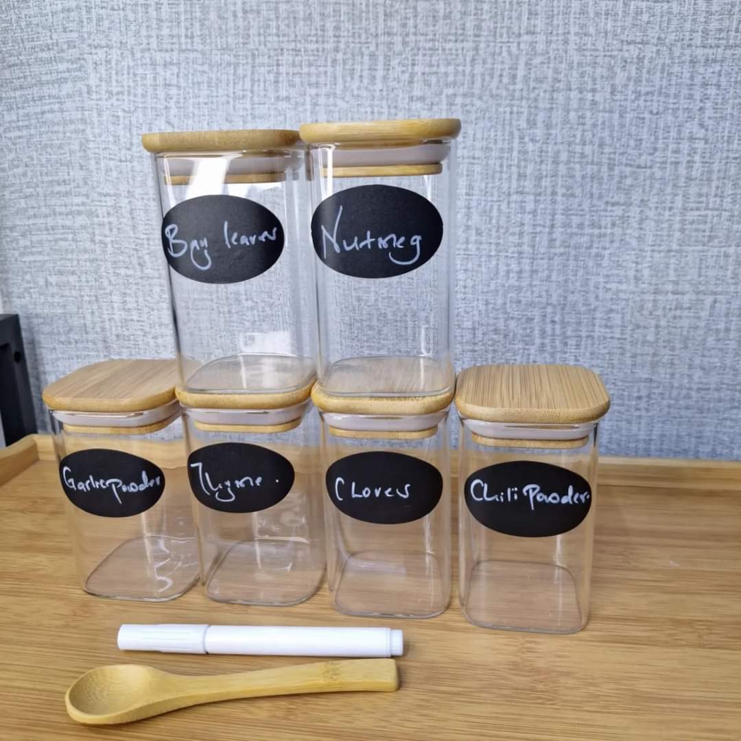 6 - pack Square Glass Jars with Bamboo lid And Spoon | - Elegant Households KE