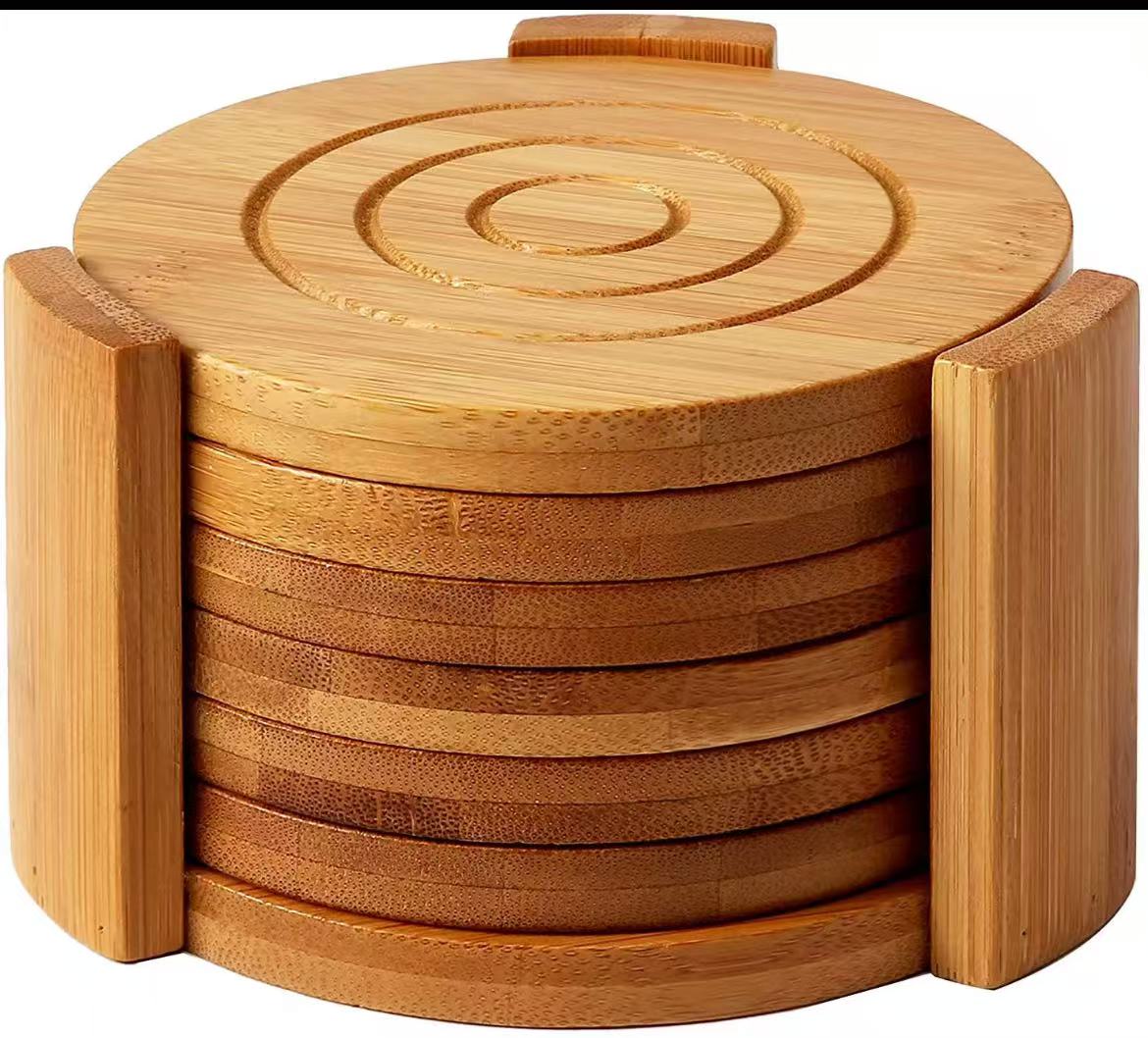 6 - Piece Bamboo Coaster Set | Eco - Friendly Round Cup Coasters | - Elegant Households KE