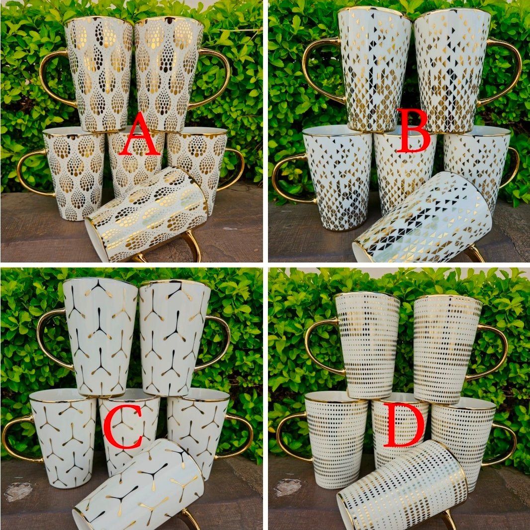 6 - Piece Premium Ceramic Mug Set with Gold Handle – Multiple Designs | - Elegant Households KE