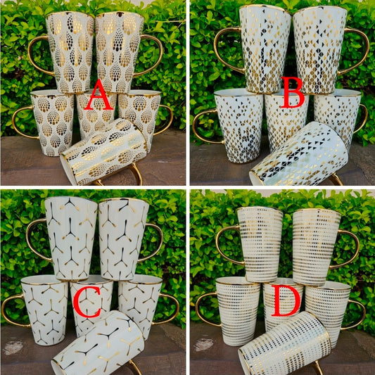 6 - Piece Premium Ceramic Mug Set with Gold Handle – Multiple Designs | - Elegant Households KE
