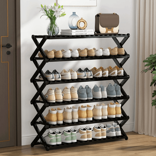 6 - Tier Bamboo Shoe Rack Stand – Foldable Multifunctional Storage Organizer for Shoes, Books, Plants | Sturdy & Portable (Brown/Black, 100x100x30 cm) | - Elegant Households KE