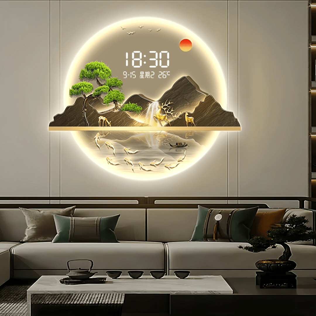 60×80 Greeting Pine 3D LED Wall Clock – Modern Decorative Lighted Landscape Art for Living Room | - Elegant Households KE