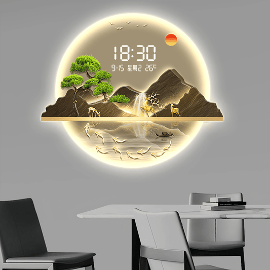 60×80 Greeting Pine 3D LED Wall Clock – Modern Decorative Lighted Landscape Art for Living Room | - Elegant Households KE
