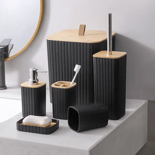 6pcs Eco - Friendly Plastic Bamboo washroom bathroom Accessories set | - Elegant Households KE