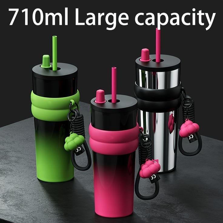 710Ml Stainless Steel Coffee Mug with straw. | - Elegant Households KE