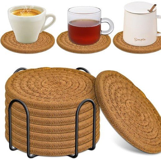 8pcs Absorbent Cotton Woven Drink Coasters with Metal Stand Holder – Heat - Resistant Non - Slip Table Protection Set | - Elegant Households KE
