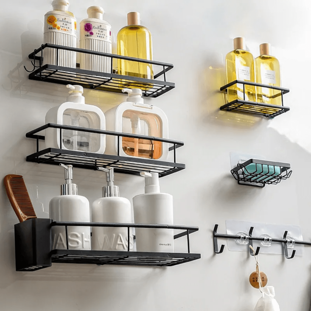 8pcs Bathroom Organizer Set – Matte Black Rust - Proof Shower Caddy with Storage Racks, Soap Holders, Razor Holder & Hooks – No Drill Wall Mounted Bathroom Storage | - Elegant Households KE