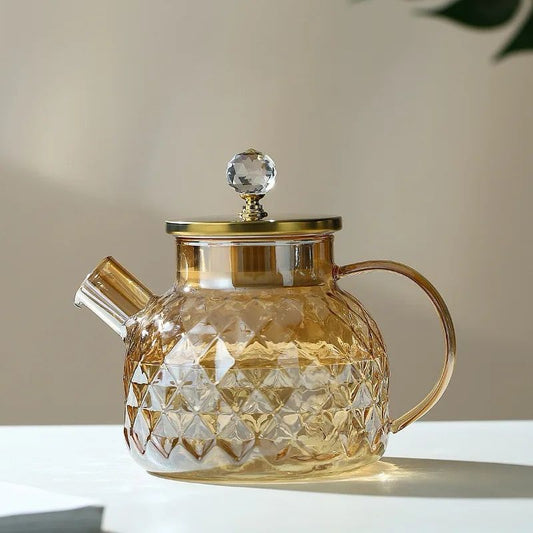 Champagne Color Diamond Texture Surface Glass Kettle Heat-resistant Thicken Glass Household Juice Flower Teapot Nordic 