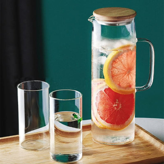 Glass Water Pitcher with handle and bamboo lid