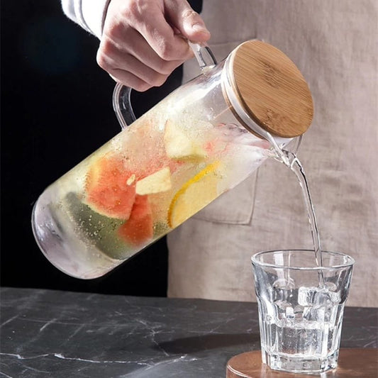 Glass Water Pitcher with handle and bamboo lid