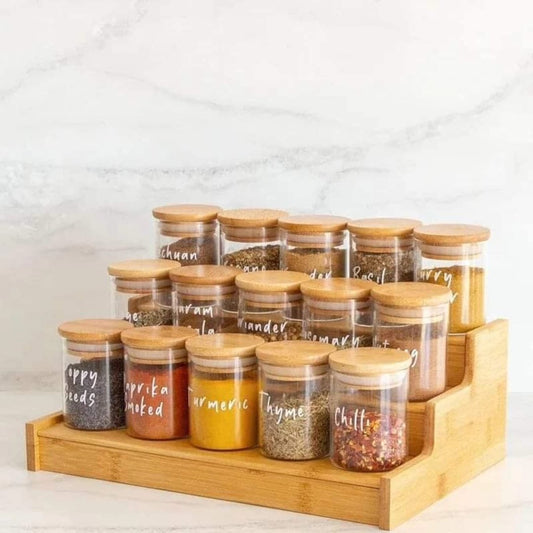 15pcs Glass Spice Jar set with a Wooden Bamboo Stand 