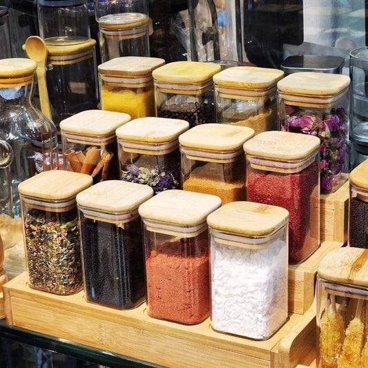 12pcs Square  Glass Spice Jar set with a Wooden Bamboo Stand