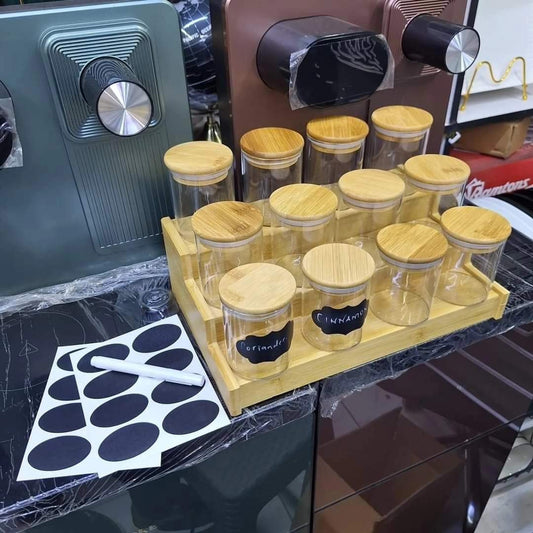 12pcs Round Spice Jars + Bamboo rack