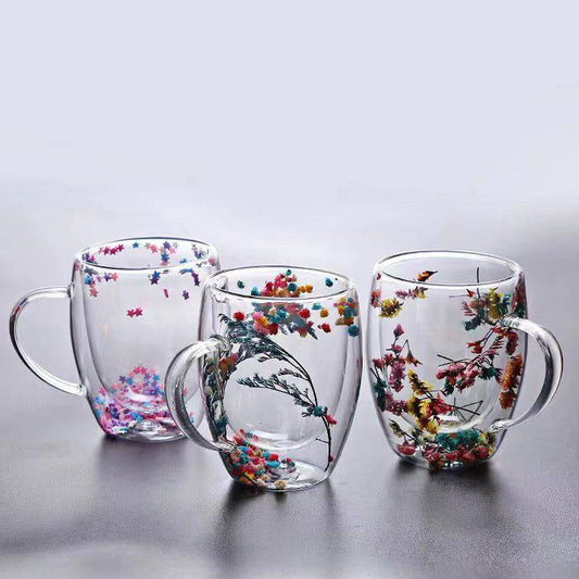 Dried flowers Insulated Double Wall Glass Cup Coffee Cup with Handle Household Hot