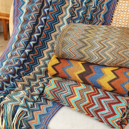 Bohemian Knitted Throw Blanket With Tassel*