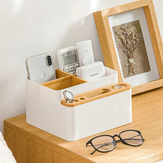 Multi purpose desktop organizer with dividers/remote control storage 