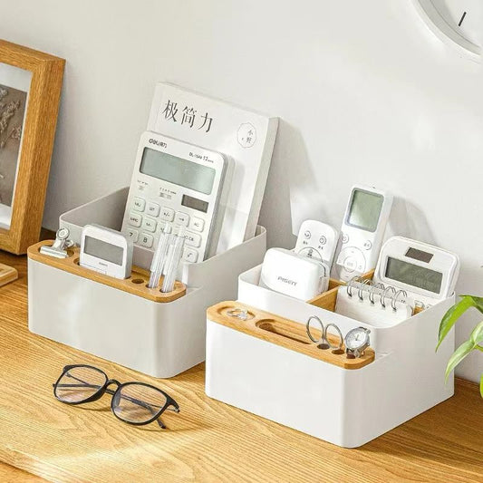 Multi purpose desktop organizer with dividers/remote control storage 