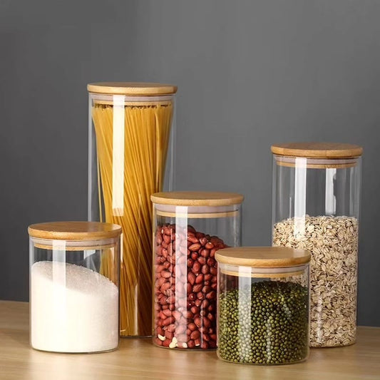 Round Bamboo Lid Glass Jars Set