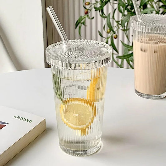 Ribbed glass cup with straw*