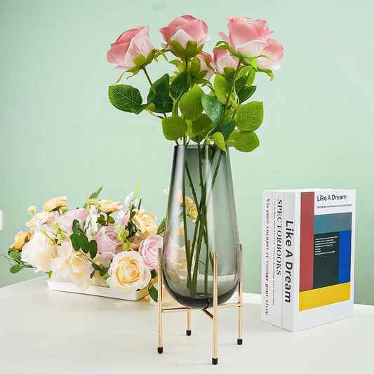 Modern creative dark glass vase with a gold stand 