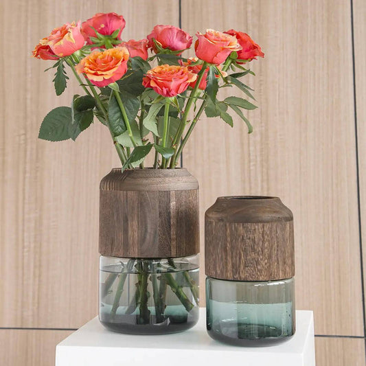 Modern creative glass vase with removable wooden decorative touch.
