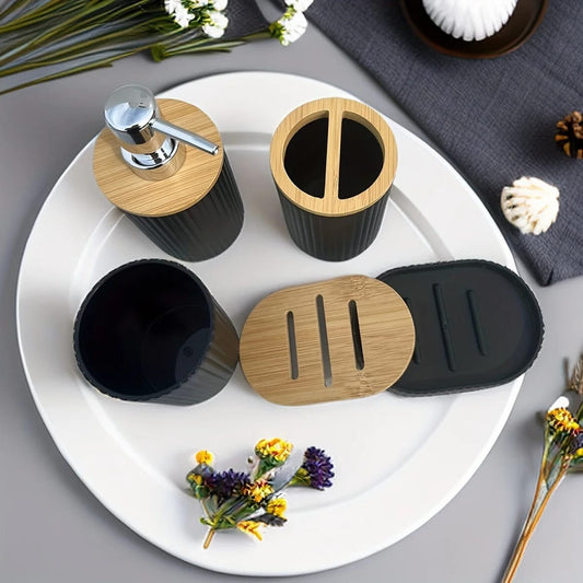 6 in 1 bathroom accessories set with wooden ring