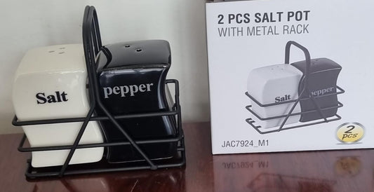Salt and pepper shaker pot in black metal rack
