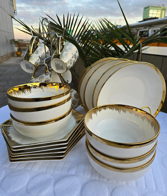 24pcs black dinner set with gold rim