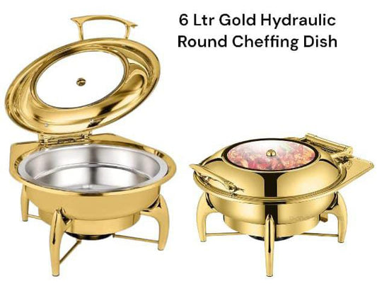 Luxurious classy round gold Chaffing dish with gold knob at the glass lid
