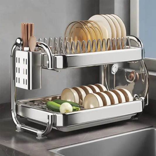 201ss Material 2-Tier Kitchen Chrome plated Dish Rack with drain tray